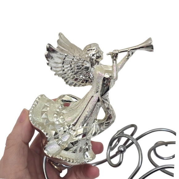 Vintage Angel Silver Tone Glitter Candle Holder Centerpiece Guardian Angel Horn - Picture 11 of 14